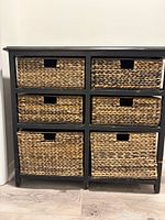 front view showing full cabinet with six woven drawers
