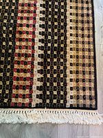 Close-up of rug corner showing check pattern, colors and fringe