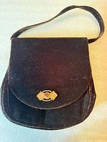 Front view showing flap, clasp, strap and overall condition