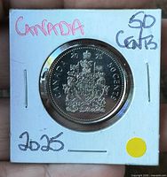 Reverse of 2025 Canada 50-cent coin in 2x2 flip showing Canadian Coat of Arms and denomination
