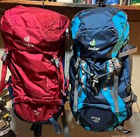 Both Deuter Fox 40 backpacks hanging side by side