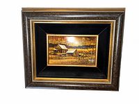 Frontal view of framed painting showing artwork, mat and frame