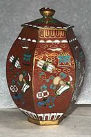 Front view of six-panel cloisonné jar showing motifs and shape