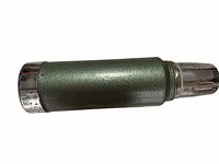 Thermos side view showing textured green body and chrome ends