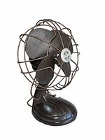 Front angled view showing cast metal base, four steel blades, Westinghouse badge, wire cage