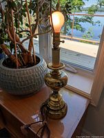Lamp lit beside window, showing brass body, harp, bulb, cord