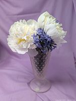 Full view of frosted pink hobnail vase with scale reference