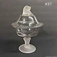Compote with lid assembled showing lion head finial and frosted base