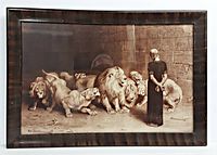 Front view of framed sepia print showing image and wood frame