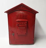 Front view of red Gamewell fire alarm box