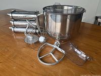 All items grouped: bowl, whisk, dough hook, flat beater, splash guard, three pasta attachments