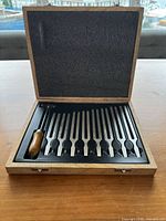 Open wooden case showing eight tuning forks and mallet in molded tray