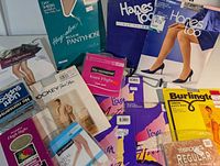 Overview of all packaged hosiery spread on surface