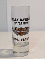 Front view showing logo and Tampa Florida text on tall shooter glass