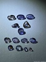 Front view of 14 loose multicolored tanzanite gemstones