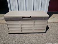 Front view of closed resin deck box