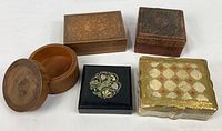 Group of five wooden lidded boxes