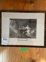 Framed engraving with mat and tortoiseshell wood frame, full view vertical