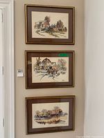 Vertical view of all three framed watercolour illustrations hung on wall