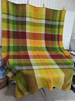 Full view of plaid wool blanket hanging