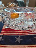 Lead crystal candy dish showing cut pattern and label