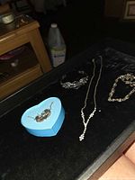 Overview of jewellery on tray: rhinestone necklace, Harley-Davidson cuff, silver link bracelet, blue heart box holding winged heart set