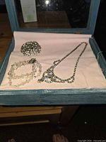 Overview of brooch, necklace, and bracelet inside blue display box
