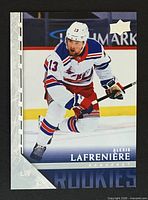Front of Alexis Lafreniere rookie card showing image, Young Guns branding and card number