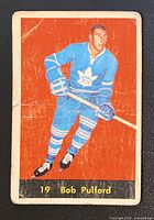 Front of Bob Pulford Parkhurst card showing player image, card number and visible wear