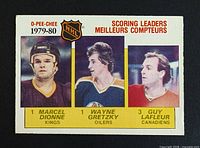 Front of O-Pee-Chee #163 card showing Gretzky, Dionne, Lafleur