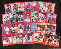 Front view of all 26 red-border O-Pee-Chee hockey cards