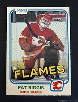 Front of Pat Riggin O-Pee-Chee hockey card showing player imagery and card number