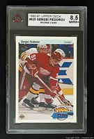 Front of encapsulated Sergei Fedorov Young Guns rookie card showing grade label 8.5 NMM+