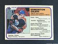 Front of Wayne Gretzky OPC card showing photo, team leader categories, card number 126.
