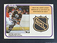 Front view of Gretzky O-Pee-Chee card showing image, NHL logo, card number and subset info