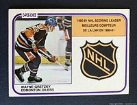 Front of Wayne Gretzky O-Pee-Chee card showing photo, NHL logo and text