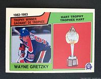 Front of Wayne Gretzky O-Pee-Chee card showing player image and Hart Trophy