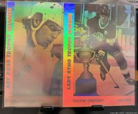 Both hologram cards side by side on stands, showing fronts