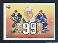 Front of Wayne Gretzky Upper Deck card with images, 99 graphic and trophies