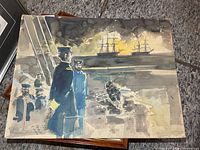 Full view of unframed watercolour painting showing naval scene