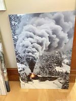 Full view of vertical canvas showing entire winter locomotive scene