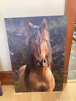 full view of horse canvas print leaning against wall