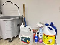 Overall lot showing bucket, dustpan, liquids and sprays