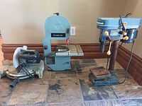All three machines: Delta band saw center, Delta miter saw left, Mastercraft drill press right