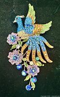 Full view of multicolor peacock and floral rhinestone brooch