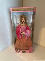 Front view of boxed Princess of England Barbie doll