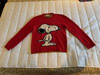 Front view of red Snoopy sweater laid flat