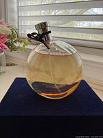 Front view of perfume bottle showing label and fill level