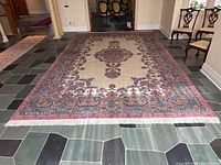 Full view of rug showing pattern, colors, fringe