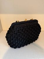 Front view showing crocheted texture, frame, clasp and handle